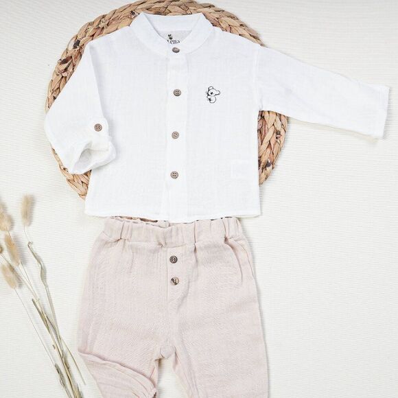 New Boys Muslin Cotton Set Shirt and Pants White Beige - Picture 1 of 4